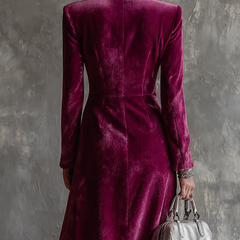 Burgundy velvet blazer dress back view with fitted waist and long sleeves