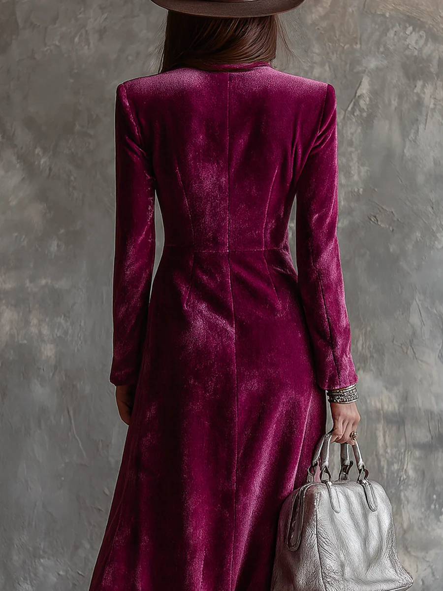 Burgundy velvet blazer dress back view with fitted waist and long sleeves