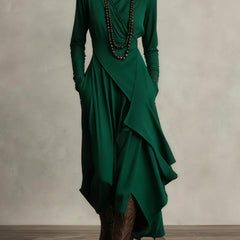 Green long-sleeve maxi dress with high neck and draped asymmetrical wrap skirt