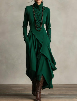 Green long-sleeve maxi dress with high neck and draped asymmetrical wrap skirt