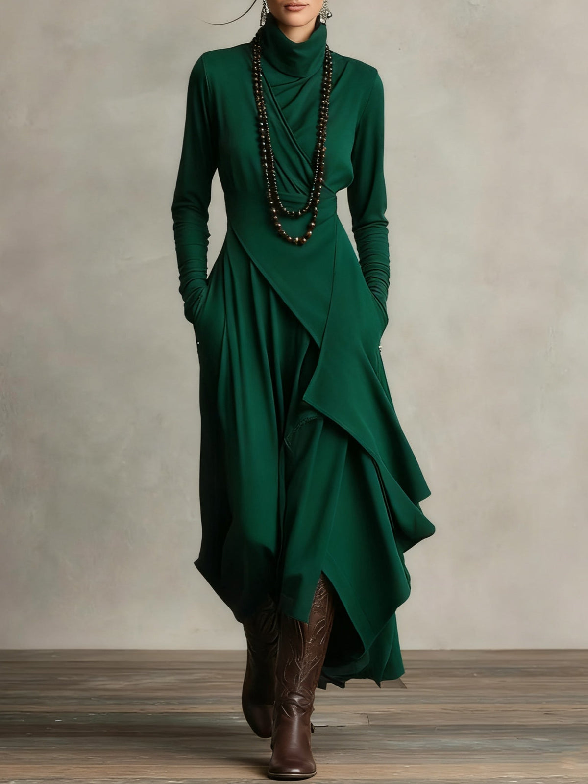 Green long-sleeve maxi dress with high neck and draped asymmetrical wrap skirt