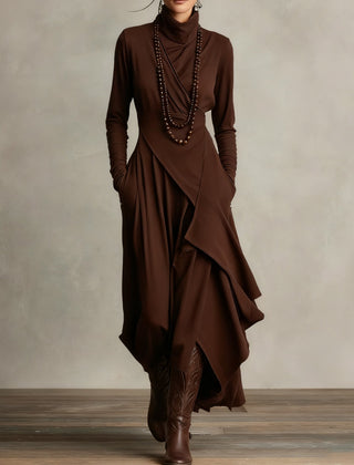Brown long-sleeve maxi dress with high neck and asymmetrical draped panels