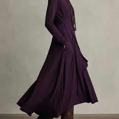 Purple high-neck long-sleeve maxi dress with layered draped panels