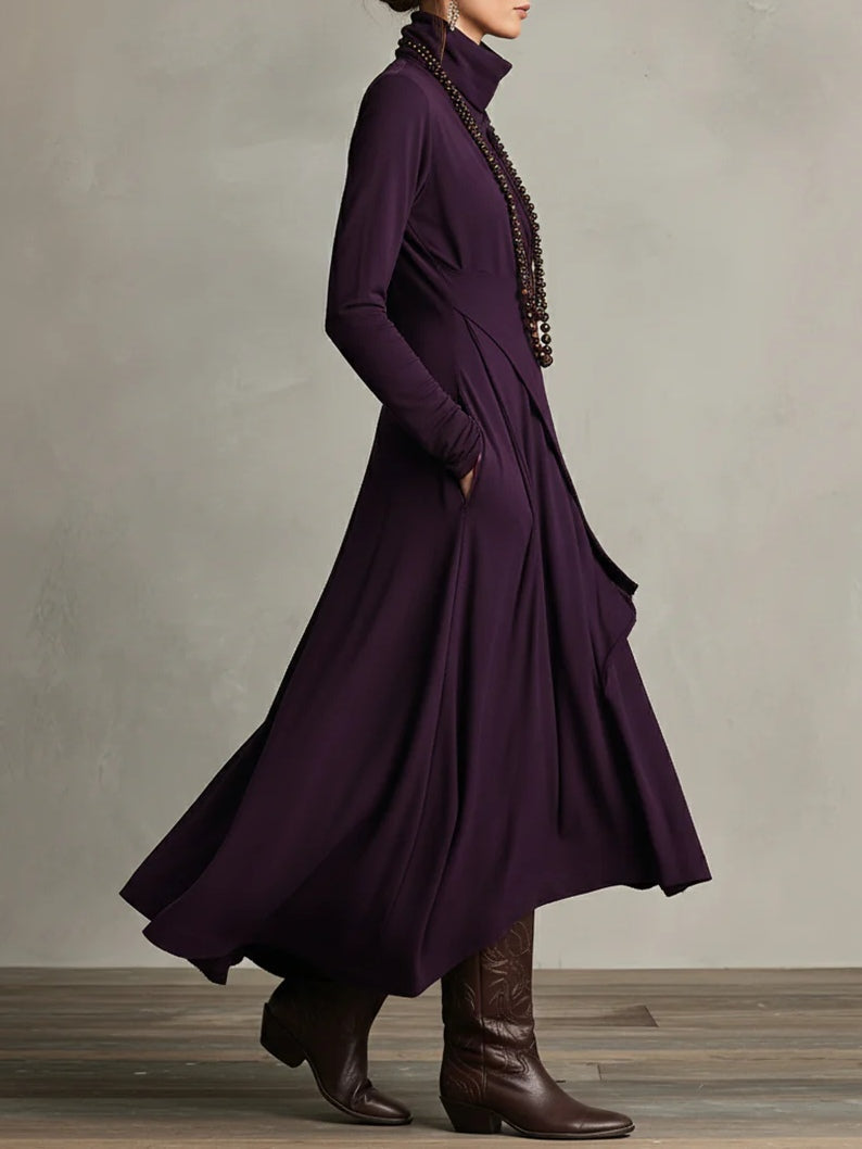 Purple high-neck long-sleeve maxi dress with layered draped panels