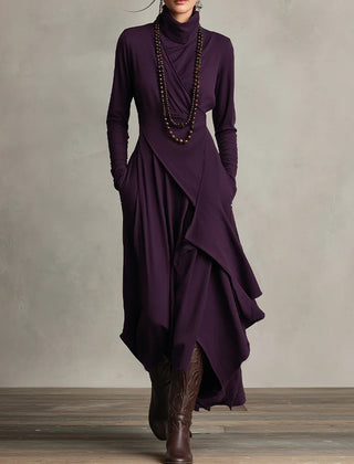 Purple long-sleeve maxi dress with high neck and draped asymmetrical wrap skirt