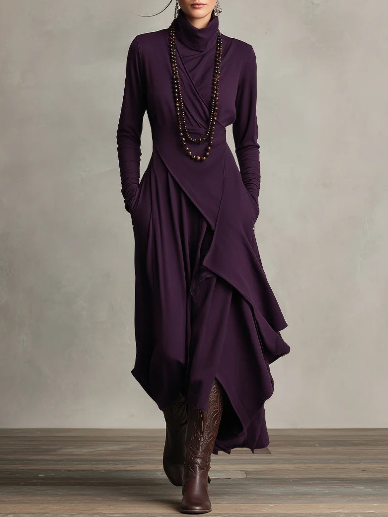 Purple long-sleeve maxi dress with high neck and draped asymmetrical wrap skirt