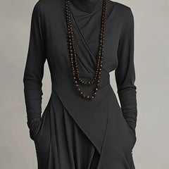 Black high-neck long-sleeve maxi dress with draped wrap front and layered skirt