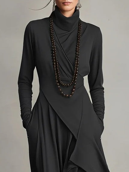 Black high-neck long-sleeve maxi dress with draped wrap front and layered skirt