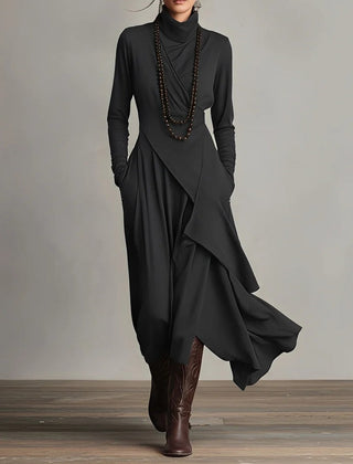 Black long-sleeve maxi dress with high neck and cascading drape wrap skirt