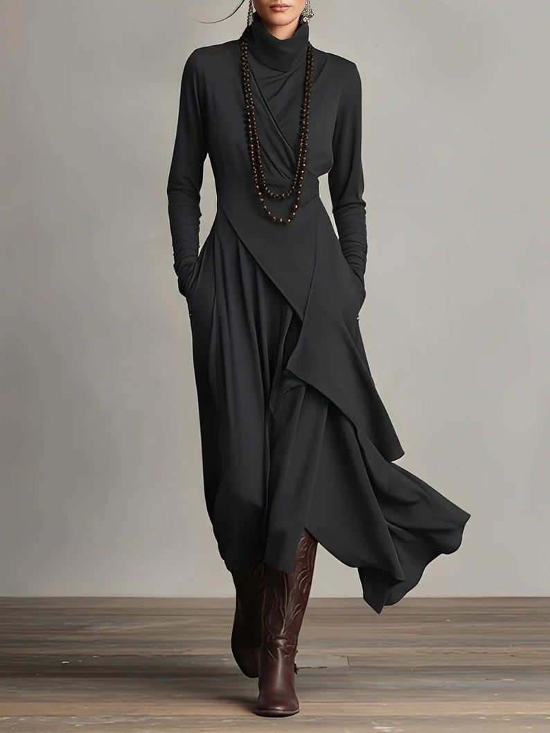 Black long-sleeve maxi dress with high neck and cascading drape wrap skirt
