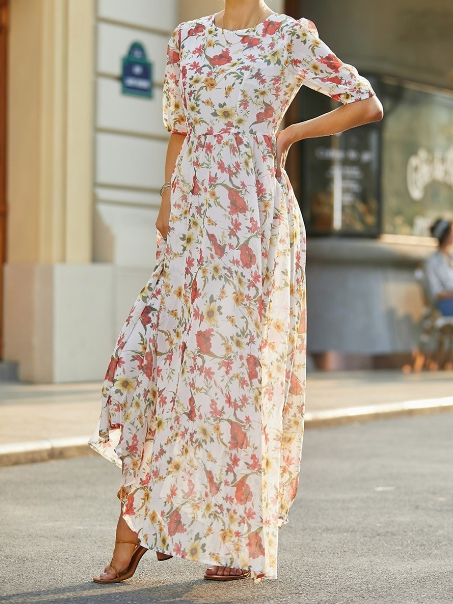 Floral long dress with puff sleeves and round neck, airy maxi length