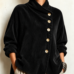 Black corduroy button-up top with mock neck, front buttons, long sleeves.