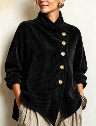 Black corduroy button-up top with mock neck, front buttons, long sleeves.