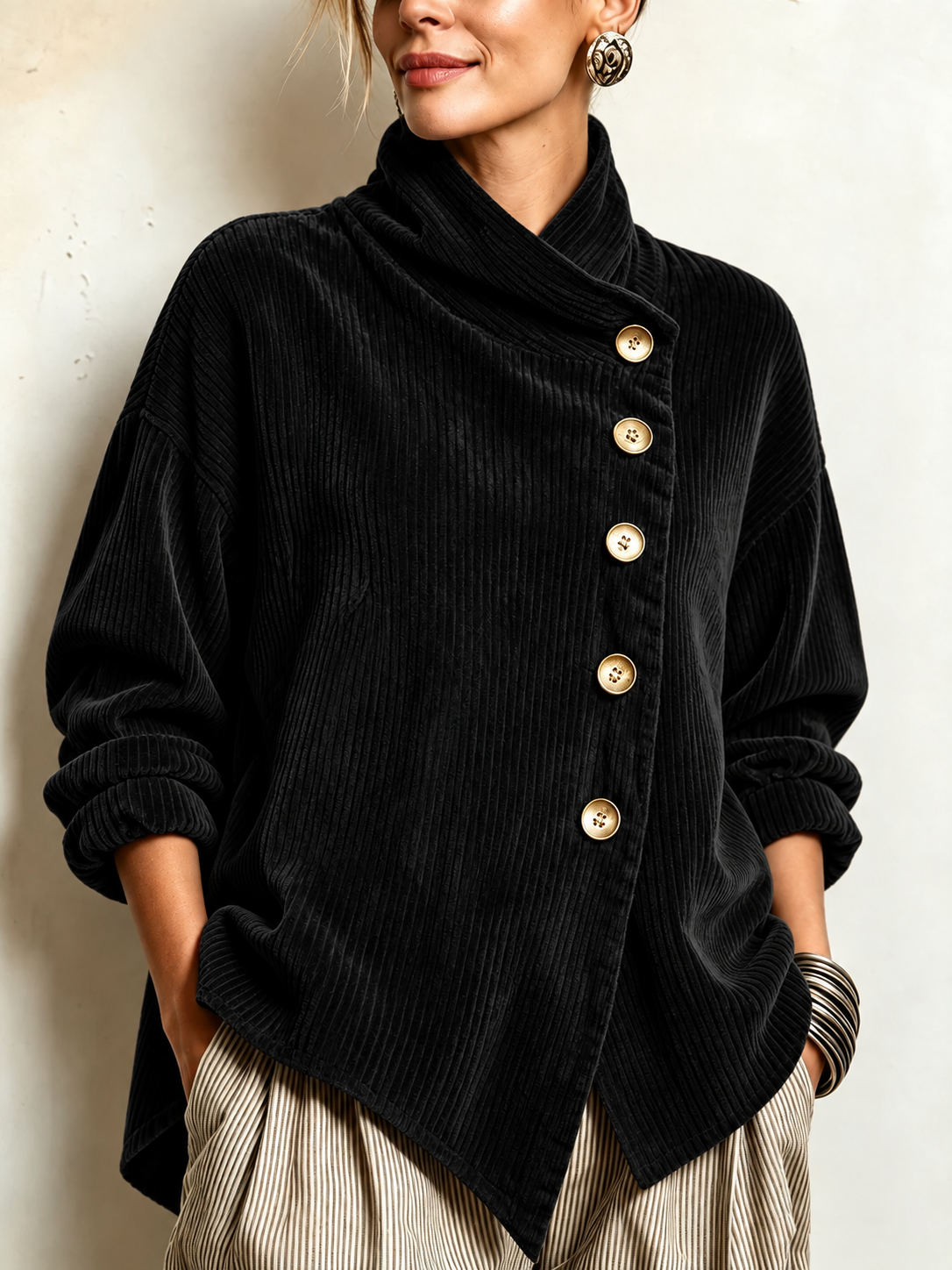 Black corduroy button-up top with mock neck, front buttons, long sleeves.