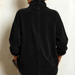 Black corduroy button-up top, back view with mock neck and center vent.
