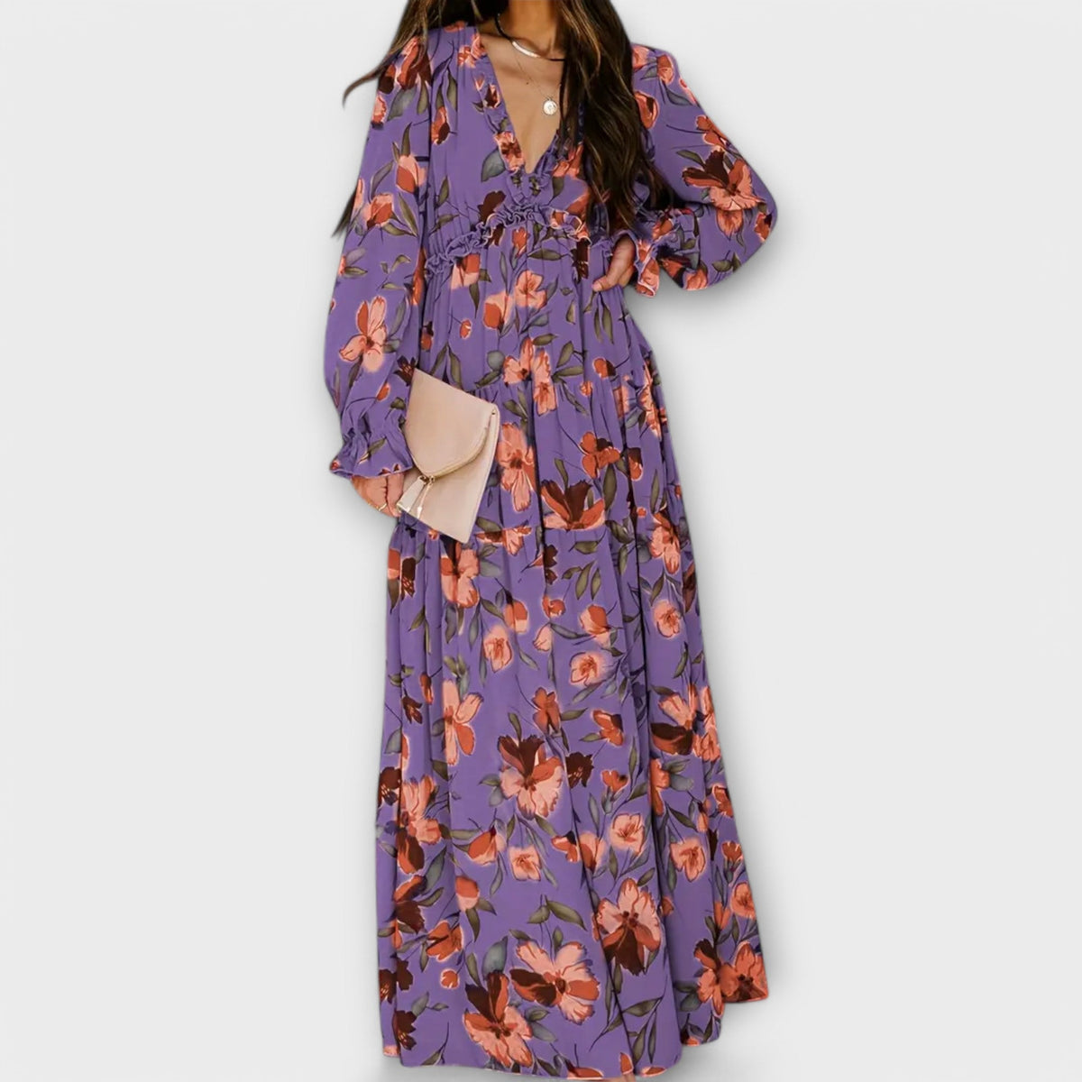 Purple floral maxi dress with V-neck, long sleeves, and side slit
