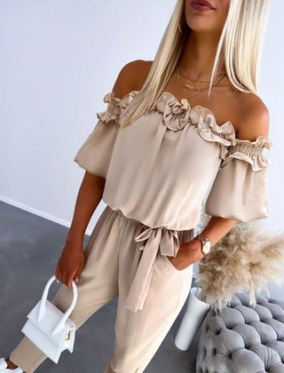 CAMILA™ off-shoulder frill tie-waist jumpsuit in light apricot with ruffled sleeves