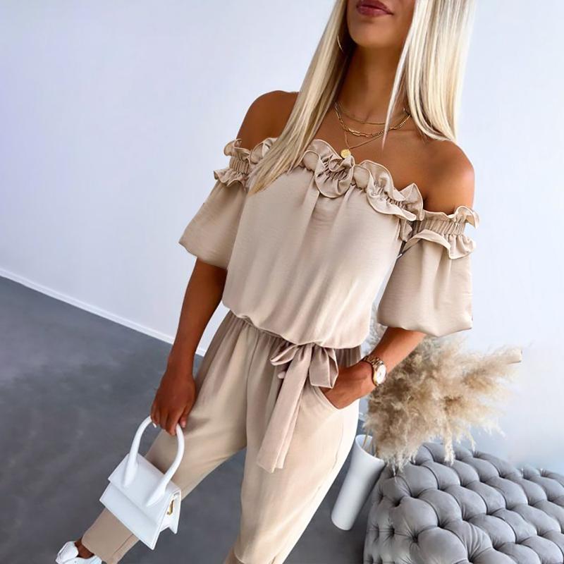 CAMILA™ off-shoulder frill tie-waist jumpsuit in light apricot with ruffled sleeves