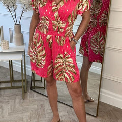 Pink leaf print V-neck short-sleeve dress with gathered waist