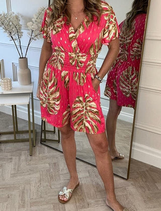 Pink leaf print V-neck short-sleeve dress with gathered waist