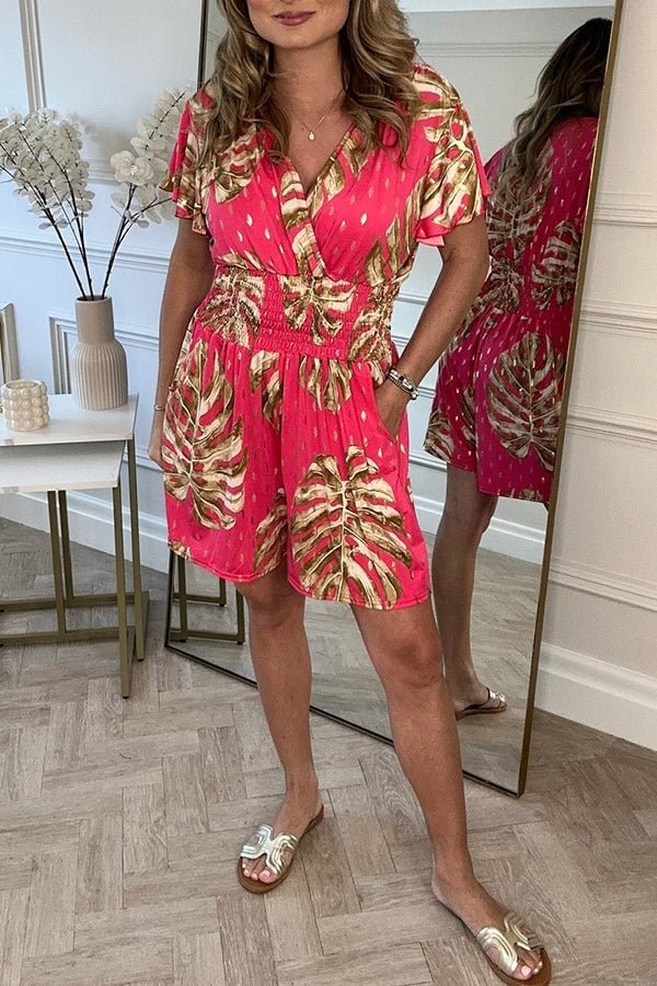 Pink leaf print V-neck short-sleeve dress with gathered waist