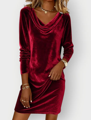 Red velvet drape-neck mini dress with long sleeves and cowl neckline