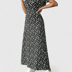 Maxi casual dress, black floral print with short puff sleeves