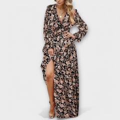 Black and blush floral maxi dress with V-neck and long sleeves