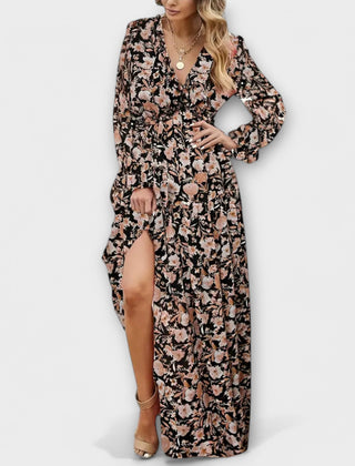 Black and blush floral maxi dress with V-neck and long sleeves