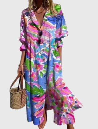 Multicolor bohemian dress with button-front, V-neck, short sleeves, tiered flared hem