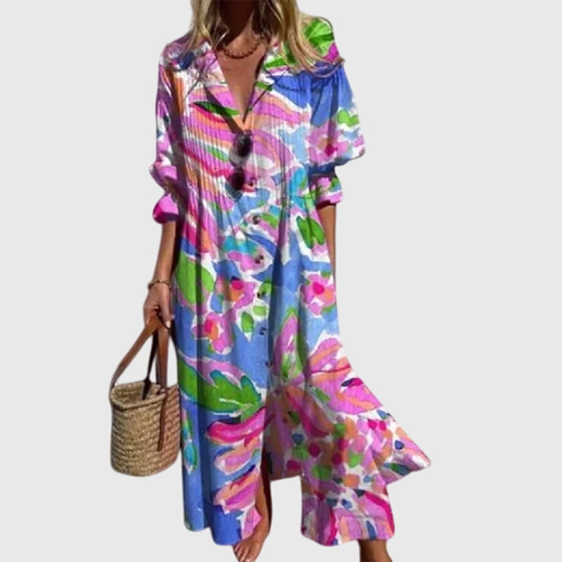 Multicolor bohemian dress with button-front, V-neck, short sleeves, tiered flared hem