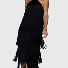 Black halter tassel dress with layered fringe tiers and short back drape