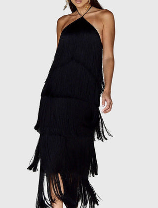 Black halter tassel dress with layered fringe tiers and short back drape
