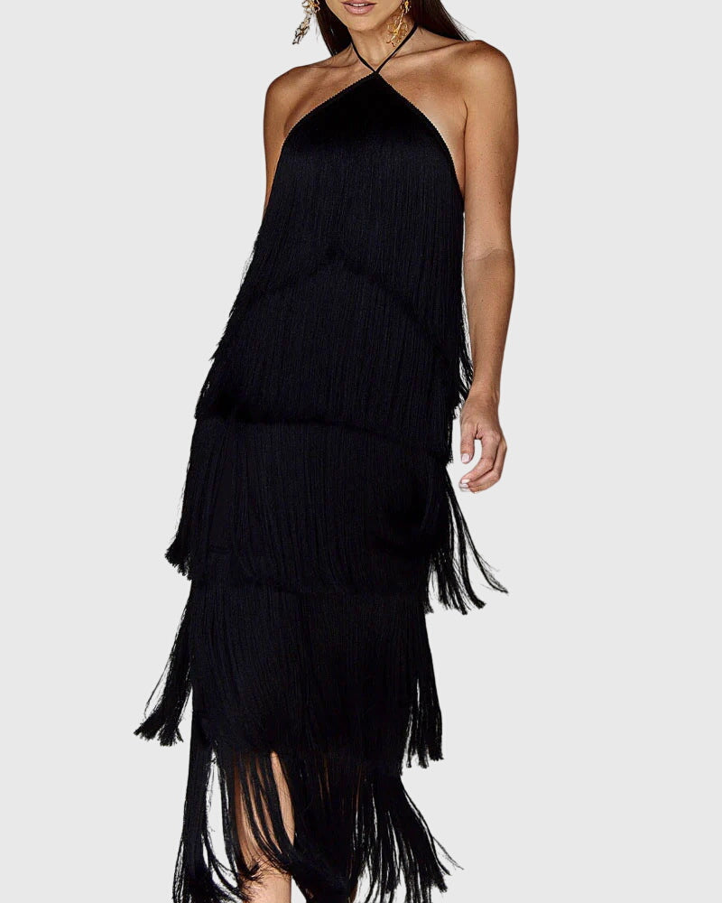 Black halter tassel dress with layered fringe tiers and short back drape