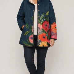 Women’s quilted floral print jacket in navy with button front and pockets
