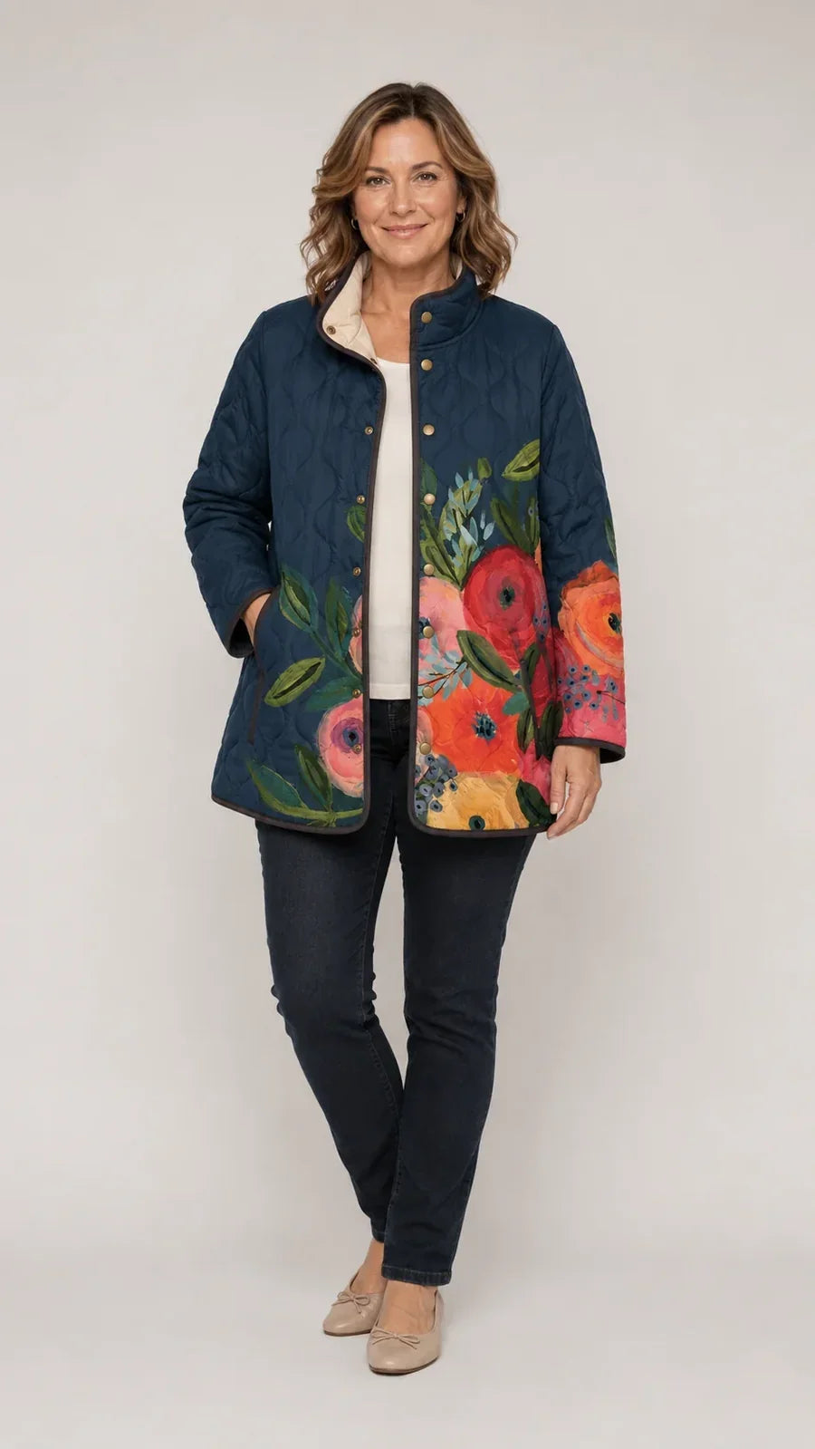 Women’s quilted floral print jacket in navy with button front and pockets