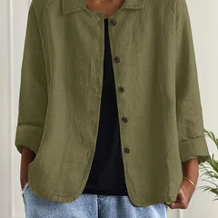 Lightweight button-front top with collar, three-quarter sleeves, olive green