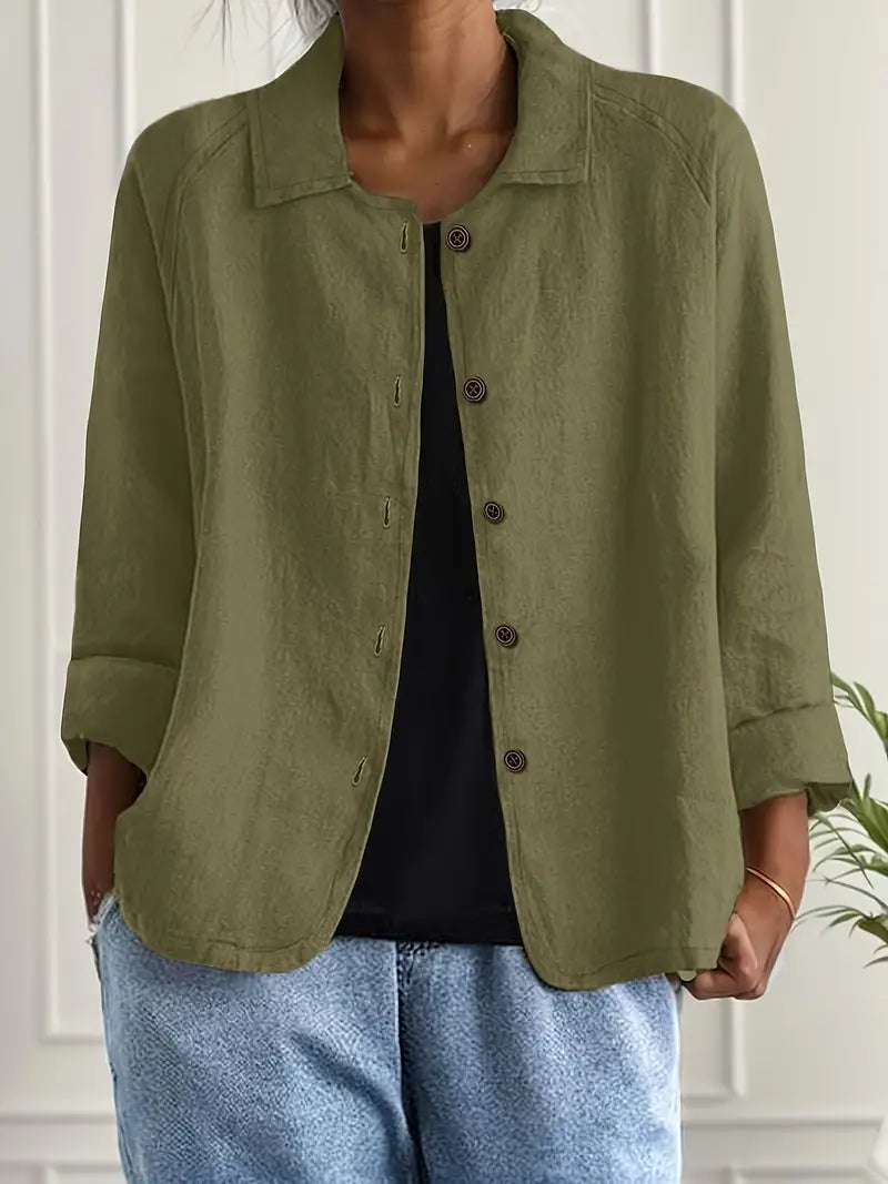 Lightweight button-front top with collar, three-quarter sleeves, olive green