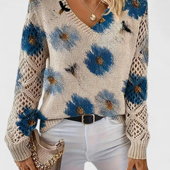 Light beige V-neck cardigan with blue flower and bird print, open knit lace sleeves