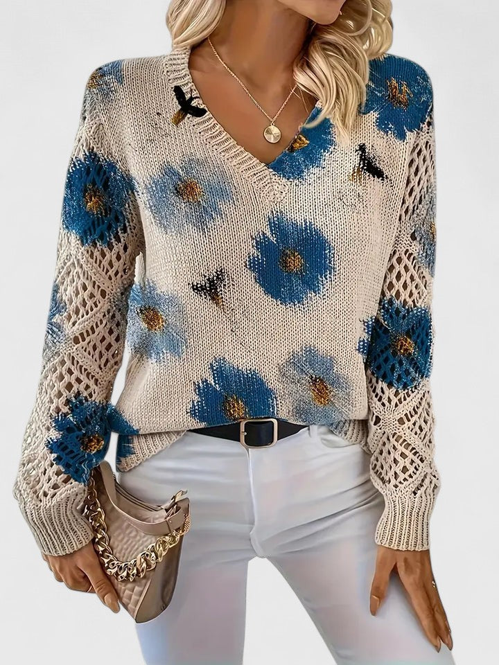 Light beige V-neck cardigan with blue flower and bird print, open knit lace sleeves