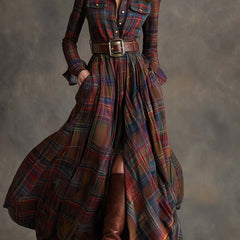 Red plaid button-up shirt dress with belt, long sleeves, chest pockets and slit