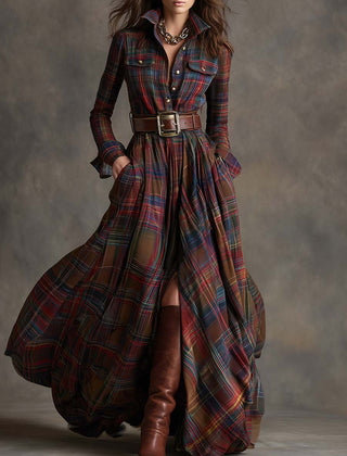 Red plaid button-up shirt dress with belt, long sleeves, chest pockets and slit