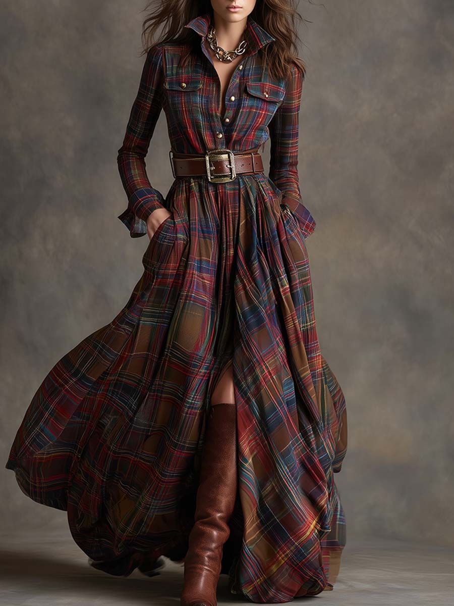 Red plaid button-up shirt dress with belt, long sleeves, chest pockets and slit