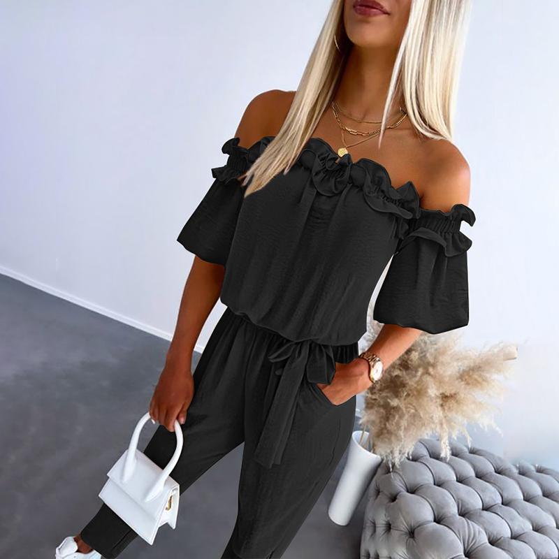 CAMILA™ off-shoulder frill tie-waist jumpsuit in black with ruffled off-shoulder detail