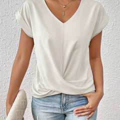 White sweetheart V-neck casual t-shirt with knotted drape front and short sleeves