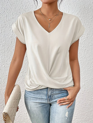White sweetheart V-neck casual t-shirt with knotted drape front and short sleeves