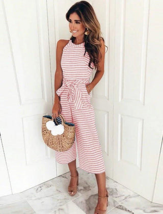 Juna striped jumpsuit in pink, sleeveless with round neck and tied waist