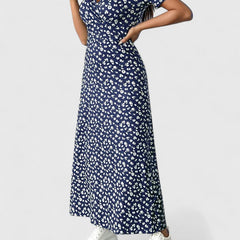 Maxi casual dress, navy floral print with short puff sleeves