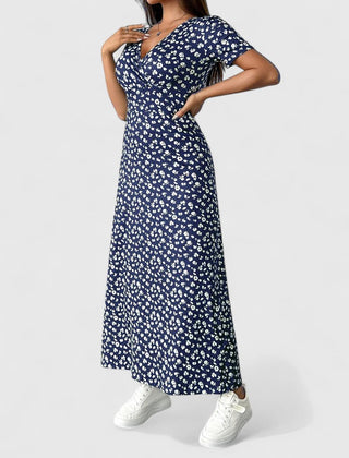 Maxi casual dress, navy floral print with short puff sleeves