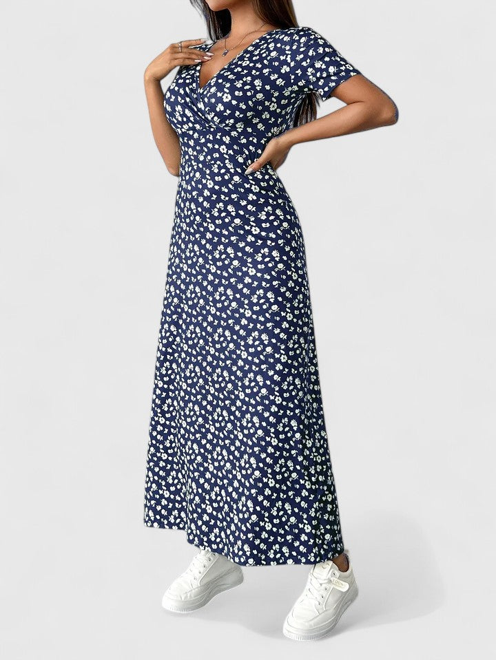 Maxi casual dress, navy floral print with short puff sleeves
